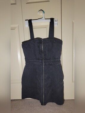 wild fable Black Denim Thin Staps Zip-Front Dress With Pockets